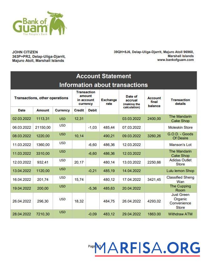 Realistic Marshall Islands Bank of Guam bank statement word sample